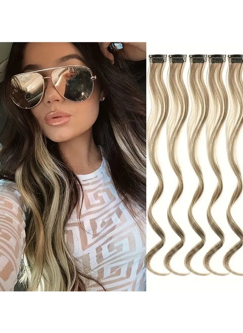 5pcs LuxeHair Women'S Curly Wave Clip-In Hair Extensions, High-Temperature Fiber Synthetic Streaks, Strong Elastic Snap Clips, No Shedding, Tangle-Free, for Party and Daily Use