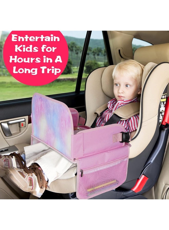 MENZOKE Kids Travel Tray, Car Seat Table Tray, Road Trip Essentials with Educational Drawing Board, Tablet Holder & Cooler Cup Holder, Travel Table for Kids Gifts in Car, Airplane, Multicoloured - Image 2