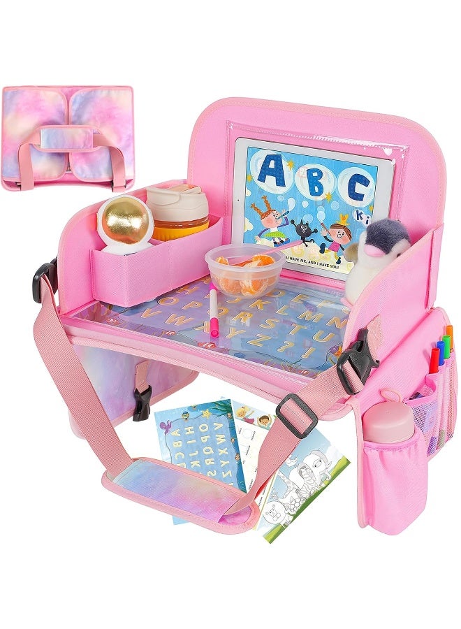 MENZOKE Kids Travel Tray, Car Seat Table Tray, Road Trip Essentials with Educational Drawing Board, Tablet Holder & Cooler Cup Holder, Travel Table for Kids Gifts in Car, Airplane, Multicoloured - Image 1
