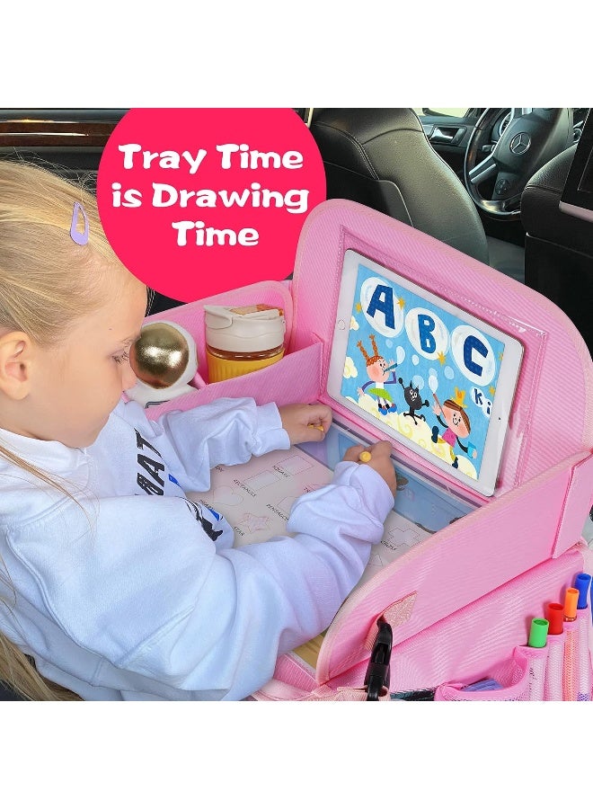 MENZOKE Kids Travel Tray, Car Seat Table Tray, Road Trip Essentials with Educational Drawing Board, Tablet Holder & Cooler Cup Holder, Travel Table for Kids Gifts in Car, Airplane, Multicoloured - Image 3