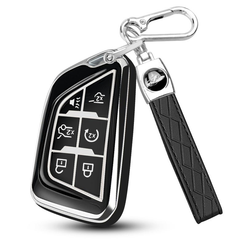 QBUC for Cadillac Key Fob Cover with Keychain Soft TPU Protection Case Compatible with 2020-2026 Cadillac Escalade Lyriq Optiq 6-Buttons(Chrome Trim Black) - Image 1