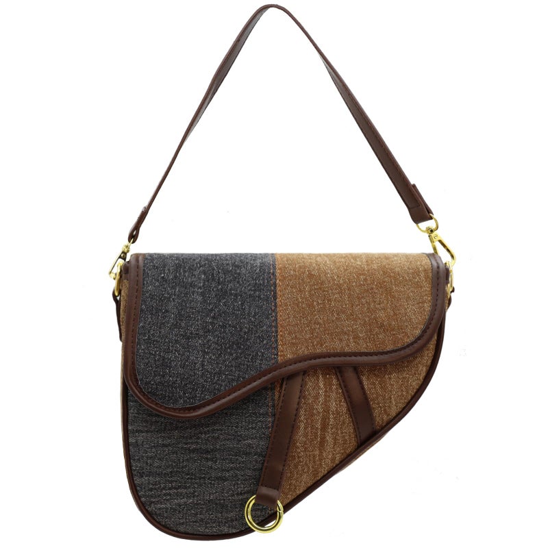 ERWUBA Fashion Canvas Trendy Saddle Shoulder Bag for Women Clutch Purse Underarm Satchel HandBag Crossbody Bag (Khaki black) - Image 1