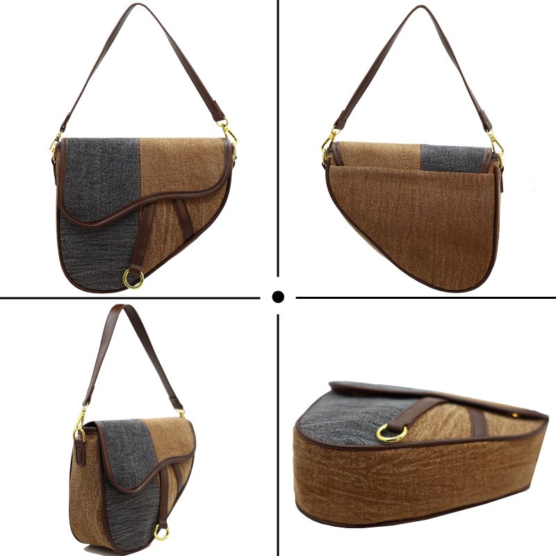 ERWUBA Fashion Canvas Trendy Saddle Shoulder Bag for Women Clutch Purse Underarm Satchel HandBag Crossbody Bag (Khaki black) - Image 3