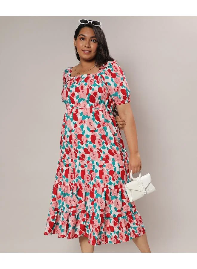 Instafab Plus Women's Crimson Red & White Rose Cluster Dress