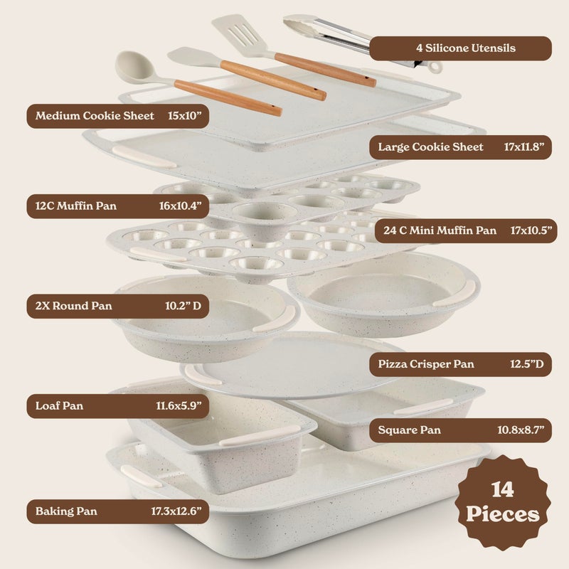 Country Kitchen Nonstick Stackable Bakeware Set - Durable, Easy Release Baking Set, Cream, 14 Pcs - Image 2