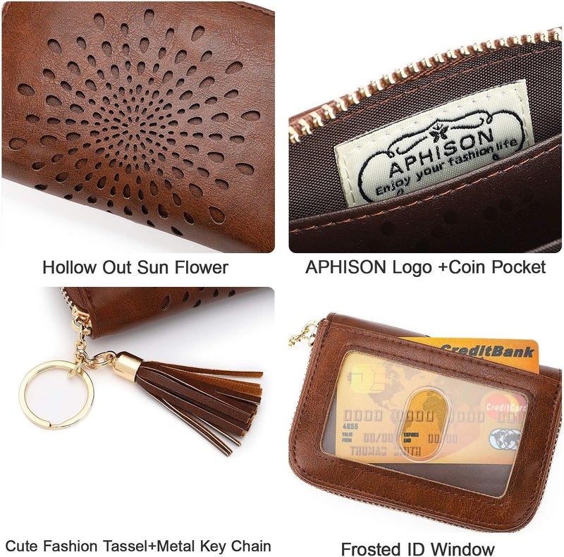 APHISON RFID Credit Card Holder Zipper Card Case Keychain Small Wallet for Women 1927 COFFEE - Image 4