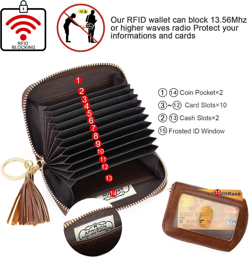 APHISON RFID Credit Card Holder Zipper Card Case Keychain Small Wallet for Women 1927 COFFEE - Image 3