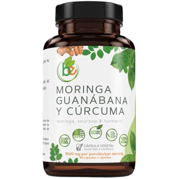 B-Experts Moringa, Guanabana & Curcuma (Moringa, Soursop, & Turmeric) 90 Capsules 1500 mg per Serving Powerful Blend of 100% Natural Premium Ingredients, Vegetable, cultivada organicamente |organically Grown - Image 1