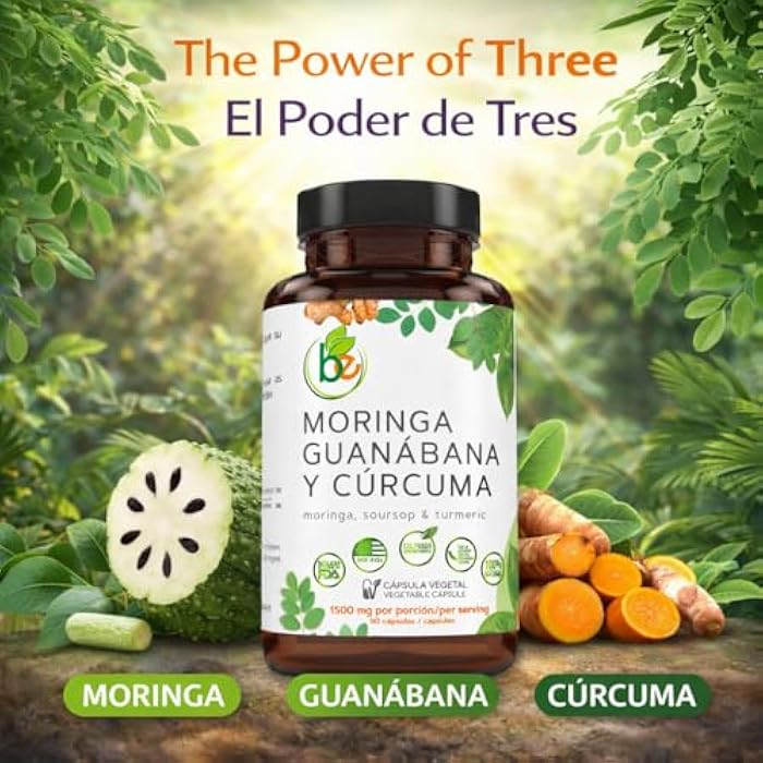 B-Experts Moringa, Guanabana & Curcuma (Moringa, Soursop, & Turmeric) 90 Capsules 1500 mg per Serving Powerful Blend of 100% Natural Premium Ingredients, Vegetable, cultivada organicamente |organically Grown - Image 2