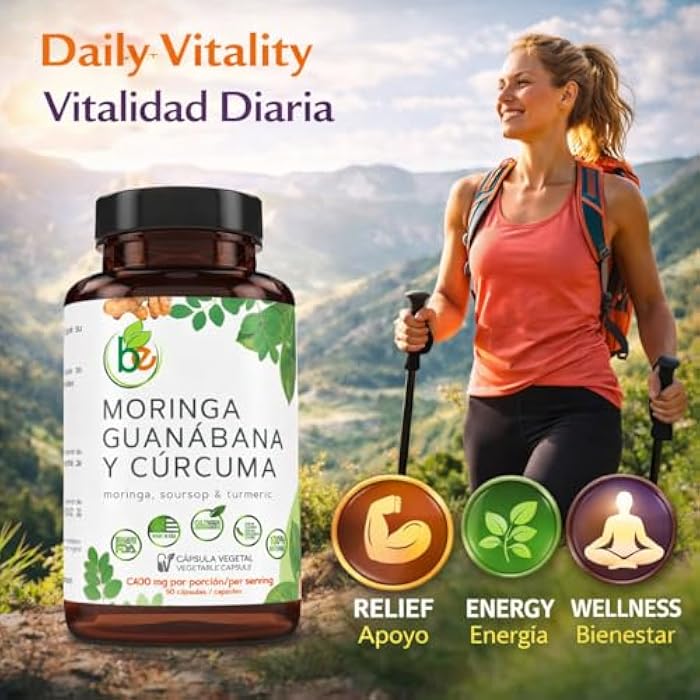 B-Experts Moringa, Guanabana & Curcuma (Moringa, Soursop, & Turmeric) 90 Capsules 1500 mg per Serving Powerful Blend of 100% Natural Premium Ingredients, Vegetable, cultivada organicamente |organically Grown - Image 3