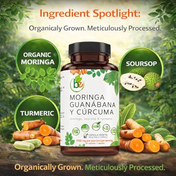 B-Experts Moringa, Guanabana & Curcuma (Moringa, Soursop, & Turmeric) 90 Capsules 1500 mg per Serving Powerful Blend of 100% Natural Premium Ingredients, Vegetable, cultivada organicamente |organically Grown - Image 4