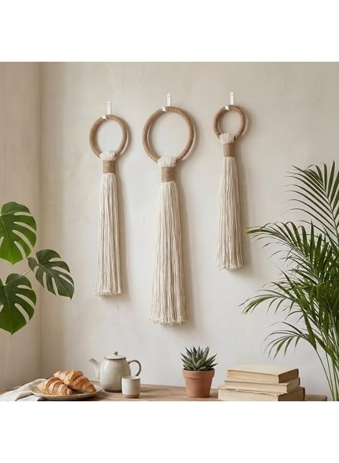 HMK CRAFTS Tegeme 3-piece Macrame Wall Hanging Large Boho Wall Decor Set Extra Large Beige Boho Spherical Knot Tapestry with Long Fringe Handmade Cotton Yarn Art for Living Room Bedroom Nursery Dinning Room - Image 1