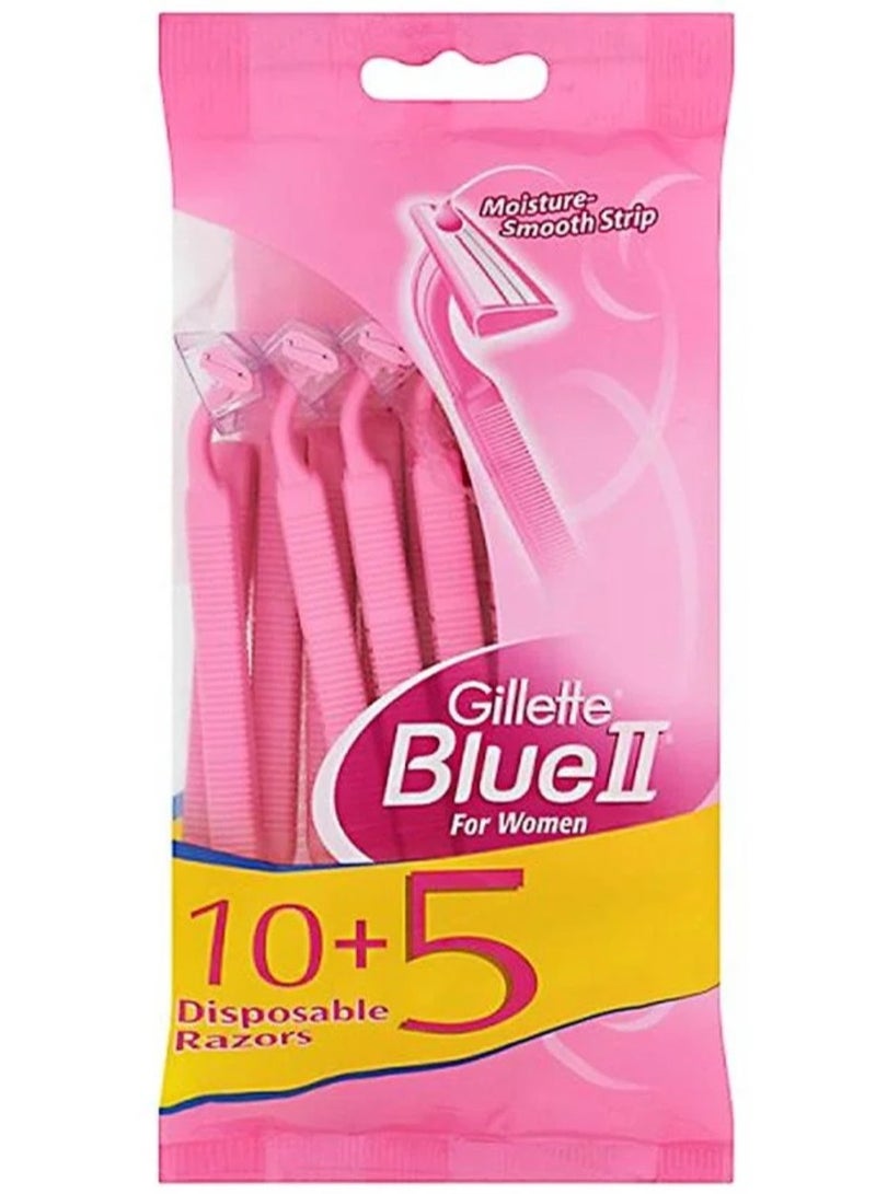 Gillette Blue II Women’s Disposable Razors – 15 Pieces (10+5 Free) - Image 1
