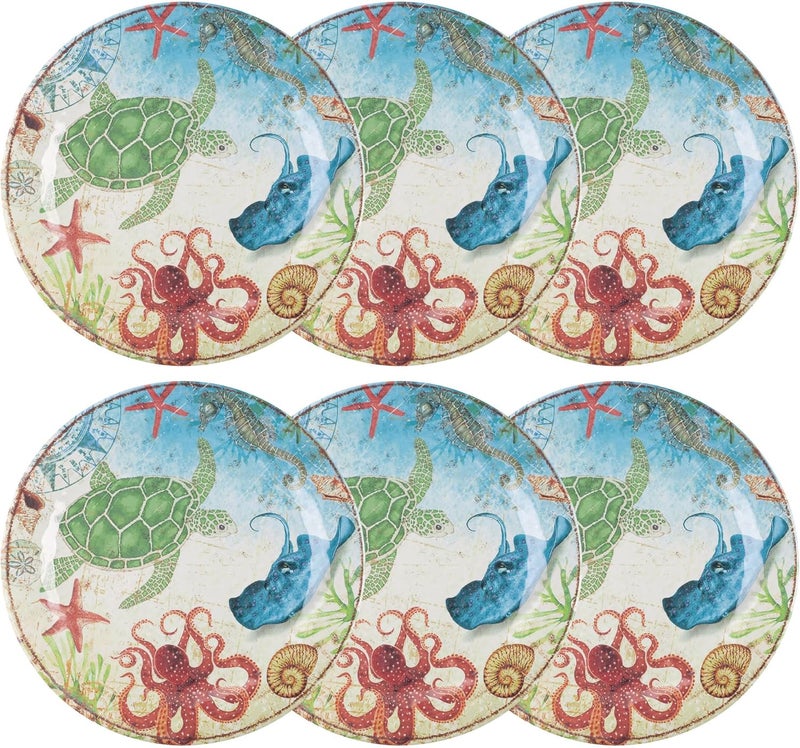 UPware Sea Life Turtle Melamine Dinner Plate Set Round Plates for Main course Pasta and Salad BPAFree Dishwasher Safe Multicolor 11 Inch Set of 6 - Image 1