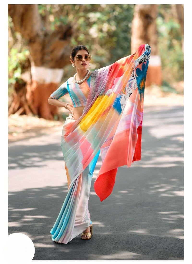 Grab Mantra Multicolour With White Base Printed Satin Silk Saree With Unstitched Blouse  - Image 2