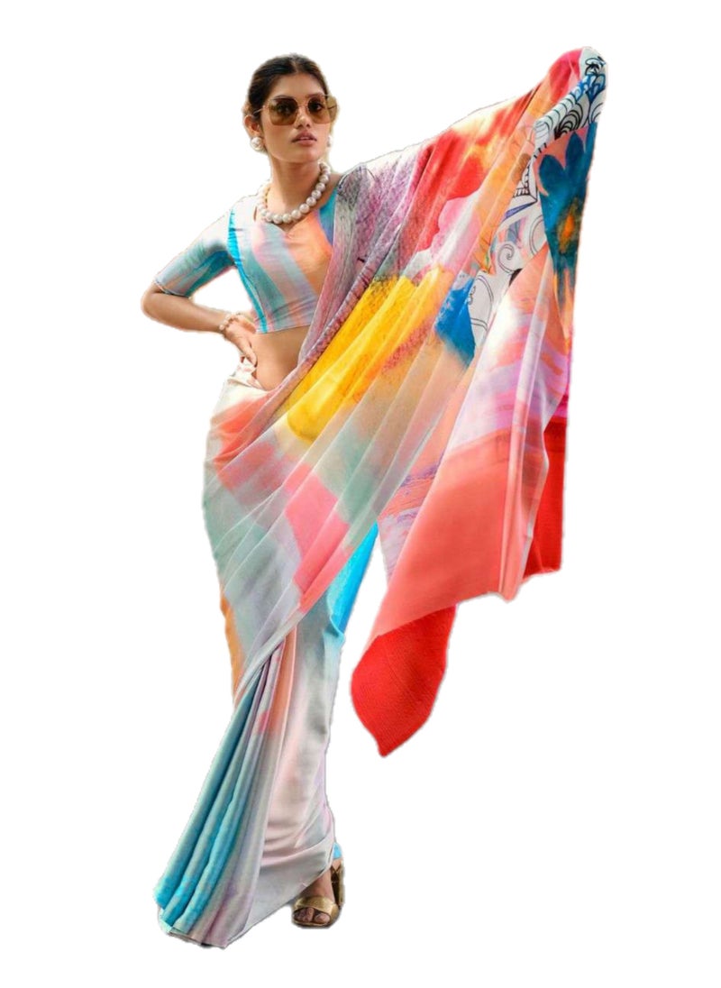 Grab Mantra Multicolour With White Base Printed Satin Silk Saree With Unstitched Blouse  - Image 1