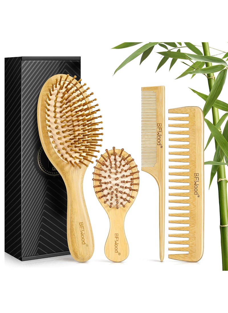 BFWood - BFWood Bamboo Hair Brush Set 4 PCS Natural Wooden Combs Paddle Detangling Hairbrush Widetooth and Tail Comb and Mini Paddle Brush for Traveling Suit for Women  Men - Image 1