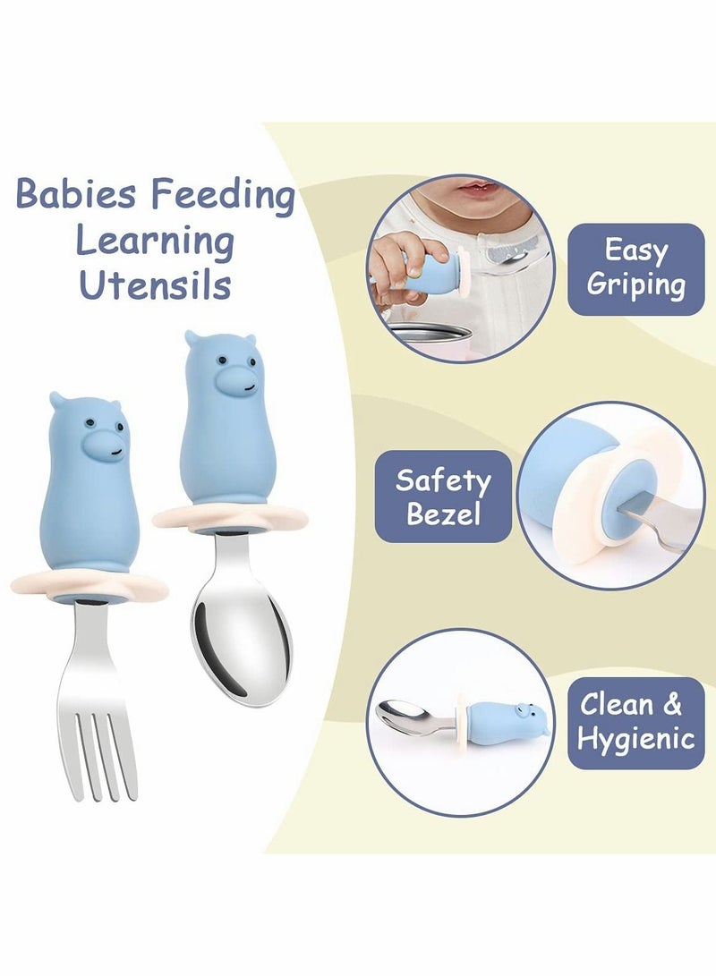 SYOSI Baby Fork and Spoon Set, 2PCS Cutlery Set for Children, Silicone Stainless Steel Baby Short Handle Training Tableware Ergonomically Designed to Promote Self-Feeding in The Right Way  - Image 3