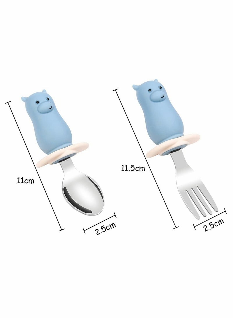 SYOSI Baby Fork and Spoon Set, 2PCS Cutlery Set for Children, Silicone Stainless Steel Baby Short Handle Training Tableware Ergonomically Designed to Promote Self-Feeding in The Right Way  - Image 2