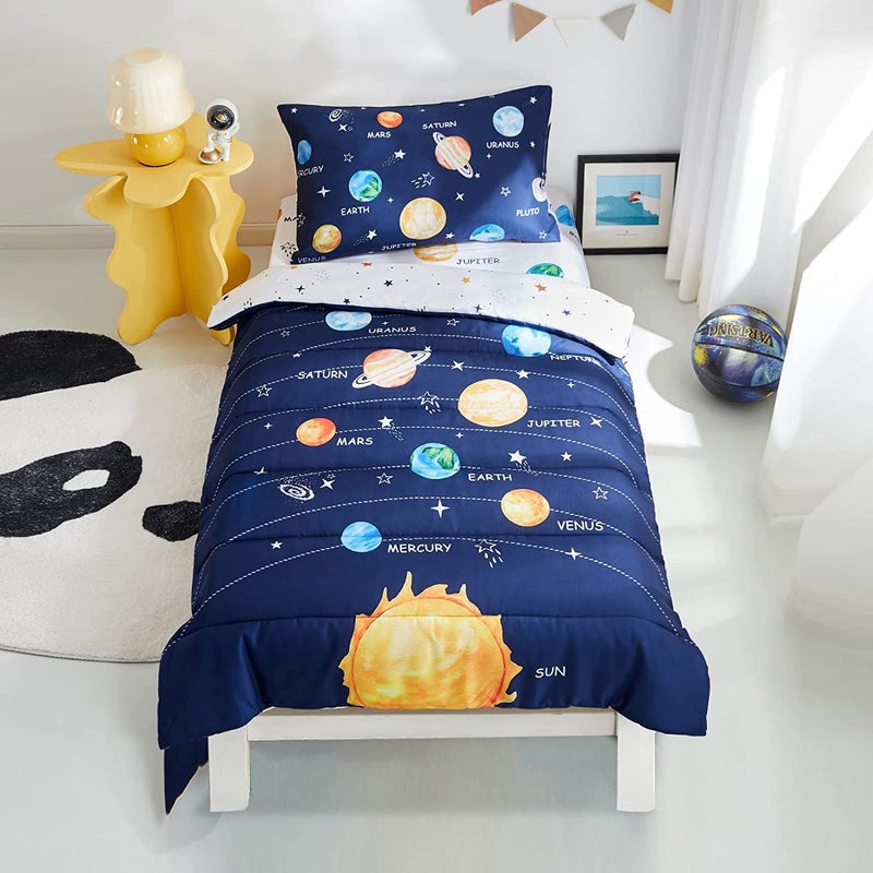 PINNKKU PINNKKU 4Piece Toddler Bedding Set Includes 1 Flat Sheet 1 Fitted Sheet 1 Comforter and 1 Reversible Pillowcase Standard Toddler Comforter  Sheet Set Ultra Soft Toddler Bed Set Solar System 