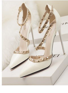 Eloshman Minimalist shallow mouthed pointed rivet hollowed out one line high heels White,  - Image 2