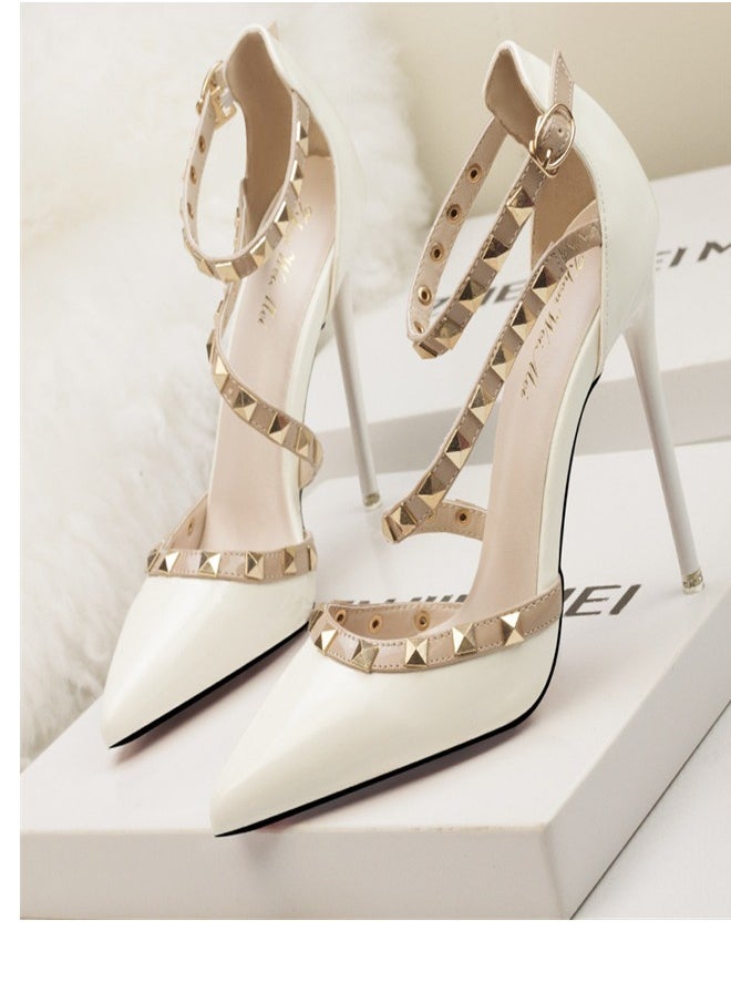 Eloshman - Minimalist shallow mouthed pointed rivet hollowed out one line high heels White, - Image 1