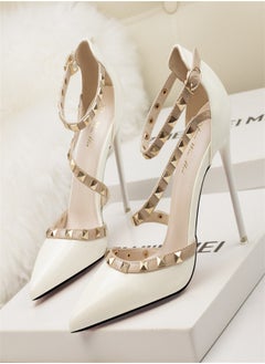Eloshman Minimalist shallow mouthed pointed rivet hollowed out one line high heels White,  - Image 3