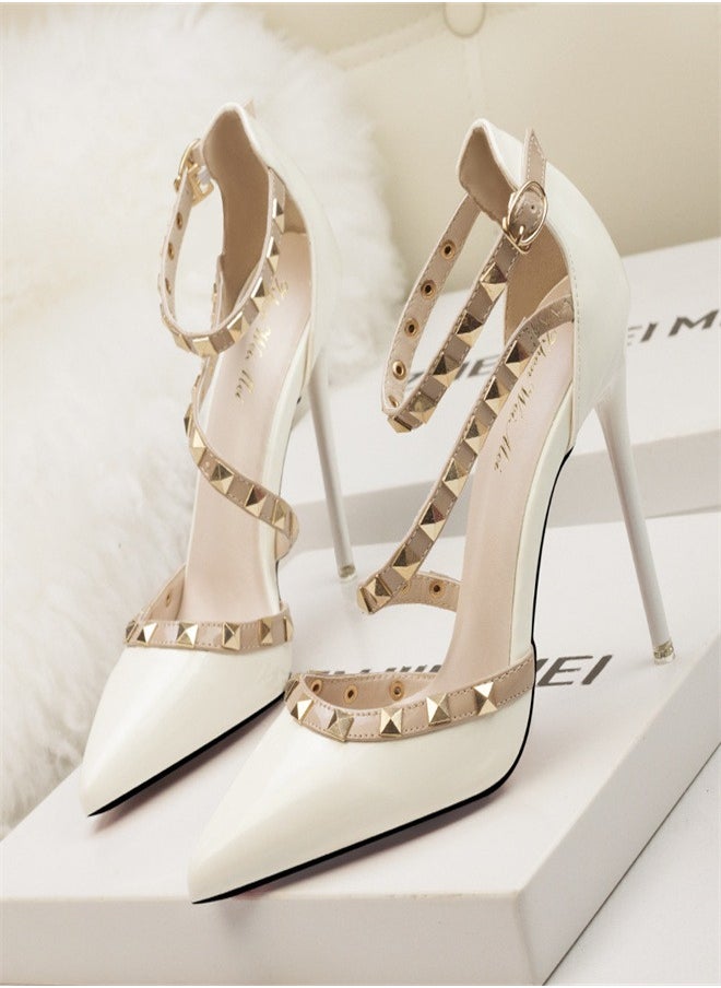 Eloshman - Minimalist shallow mouthed pointed rivet hollowed out one line high heels White, - Image 1