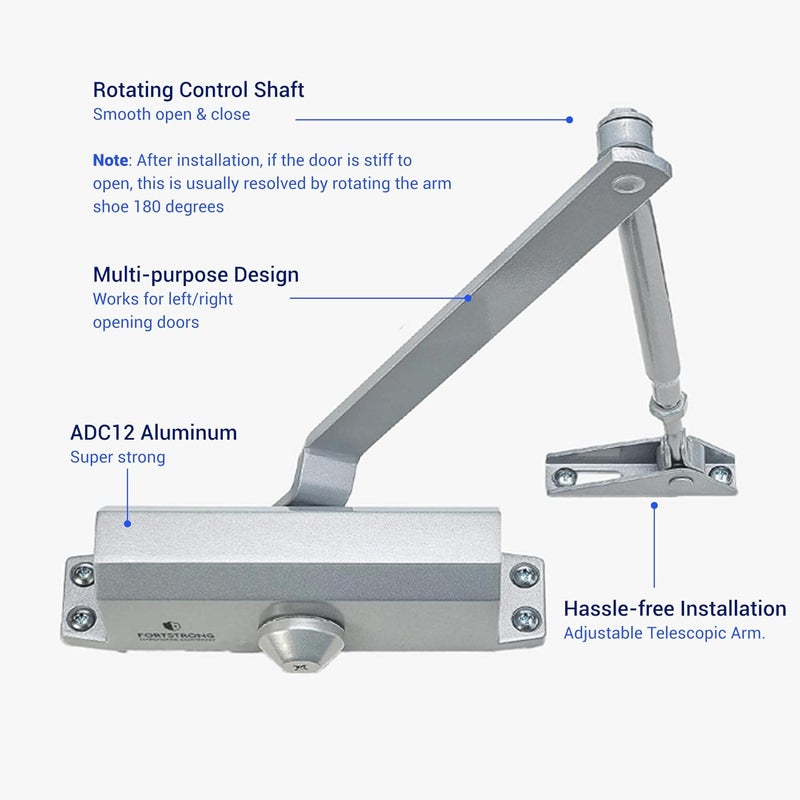 FORTSTRONG Door Closer (Silver) - Automatic Door Closer Residential - Adjustable Grade 3 Size Spring - UL Listed ADA Hydraulic Door Closers Certified - Image 2