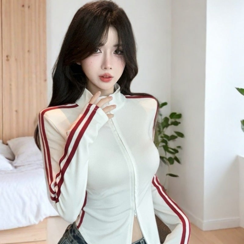 [Shop selling] American-style sweet and spicy striped long-sleeved T-shirt womens spring and autumn hot girls short double zipper top sunscreen [white top-high quality qwe]