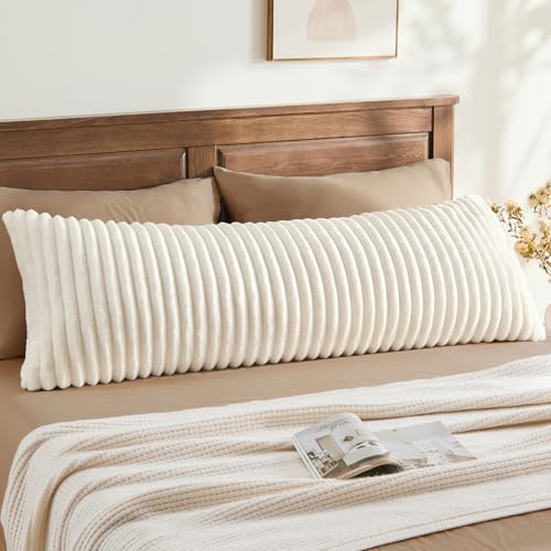 BEDELITE Fluffy Faux Fur Body Pillow Cover with Zipper Luxury Plush 3D Striped Pillow Cover 20x54 Inches Super Soft and Cozy Long Body Pillow Pillowcase for Bed Sofa Couch Room DecorCream White - Image 1