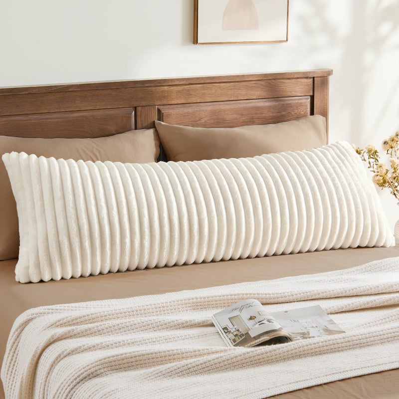 BEDELITE Fluffy Faux Fur Body Pillow Cover with Zipper Luxury Plush 3D Striped Pillow Cover 20x54 Inches Super Soft and Cozy Long Body Pillow Pillowcase for Bed Sofa Couch Room DecorCream White - Image 2