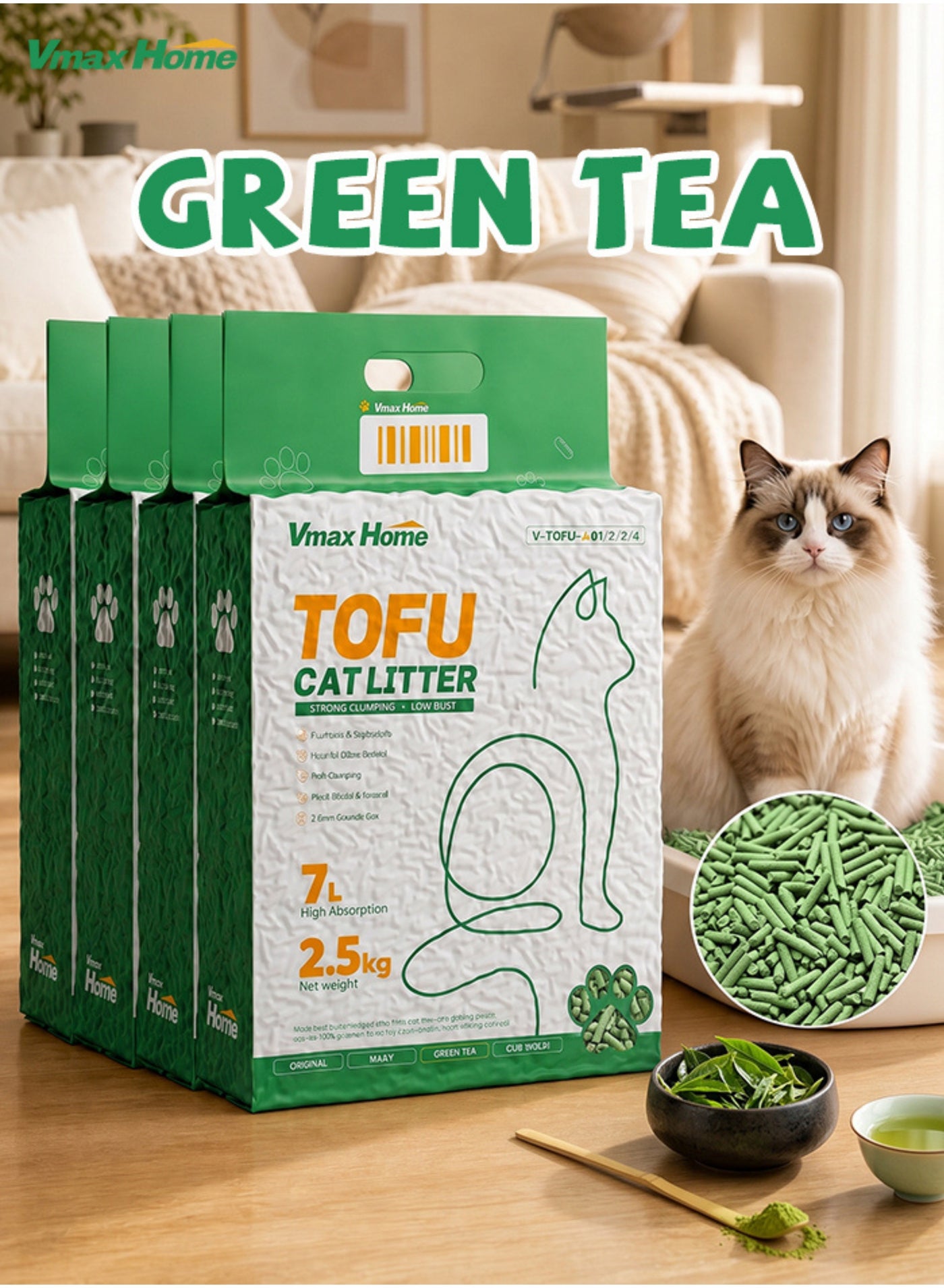 Green Tea Flavor Tofu Cat Litter 4-Pack | 2.5kg x 4 | Light Herbal Aroma | 2mm Precision Pellets | 7L Water Absorption | Flushable & Low Dust