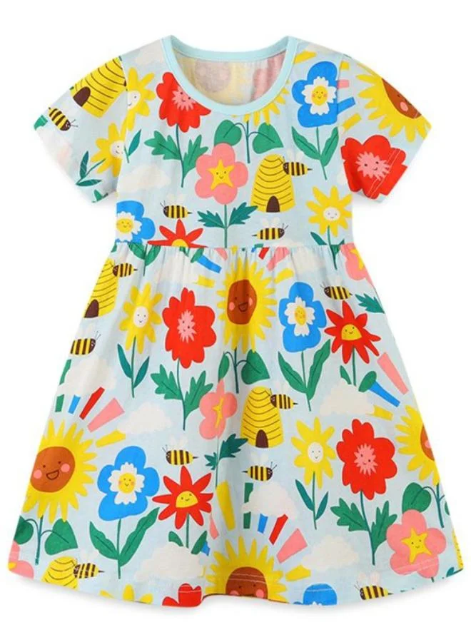يونيكي Blue A-Line Crew Neck Printed Dress