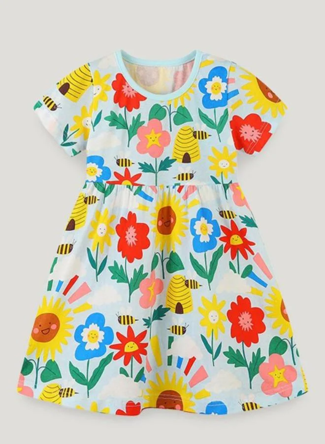 يونيكي Blue A-Line Crew Neck Printed Dress