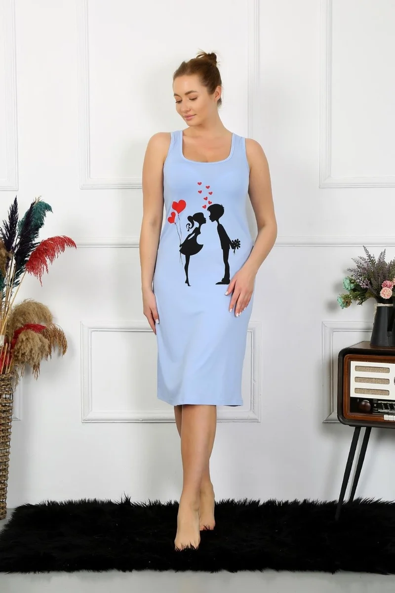اكبينيز Women's Thick Strap Combed Cotton Long Blue Nightgown 12001