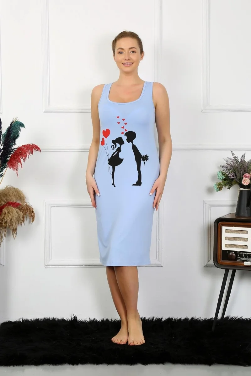 اكبينيز Women's Thick Strap Combed Cotton Long Blue Nightgown 12001