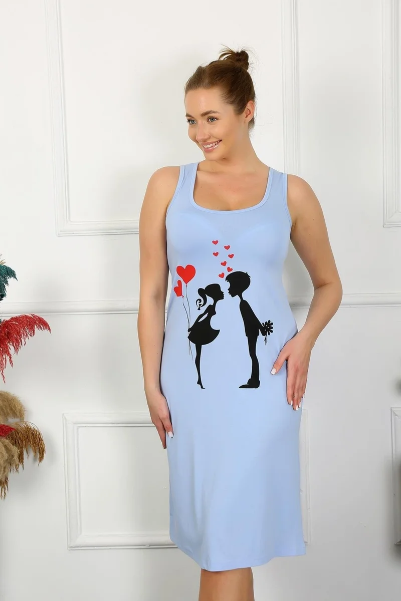 اكبينيز Women's Thick Strap Combed Cotton Long Blue Nightgown 12001