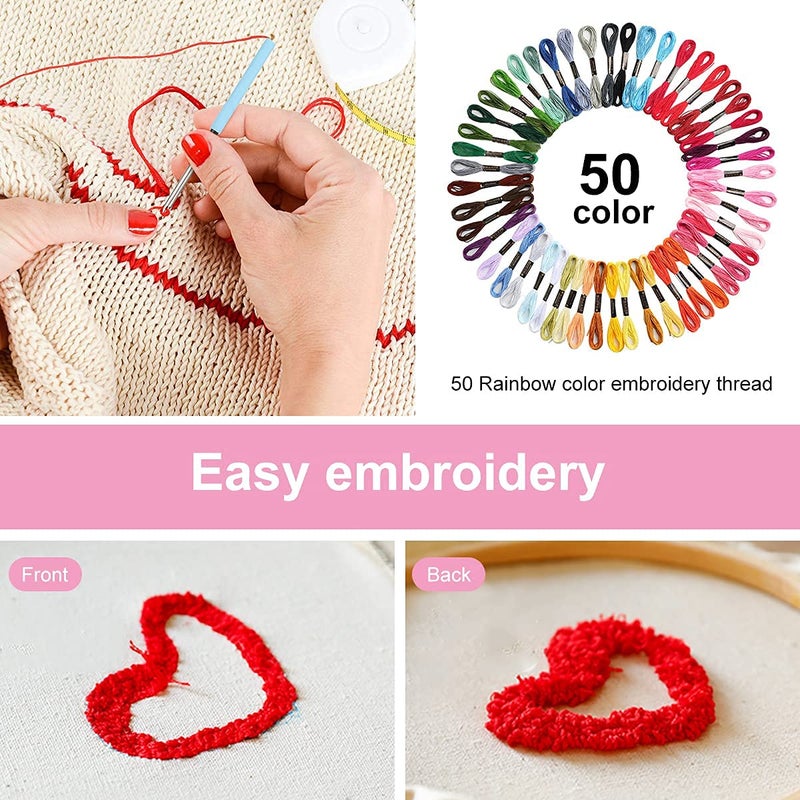 Qroof Embroidery Materials Starter Kit,50 Colour Threads,3 Pcs Bamboo Hoops,2 Pcs Aida Cloth And Cross Stitch Hand Embroidery Beginner Supplies Tool, Multicolour - Image 4