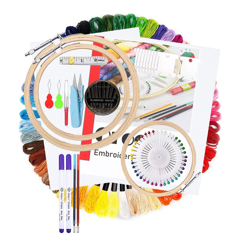 Qroof Embroidery Materials Starter Kit,50 Colour Threads,3 Pcs Bamboo Hoops,2 Pcs Aida Cloth And Cross Stitch Hand Embroidery Beginner Supplies Tool, Multicolour - Image 1