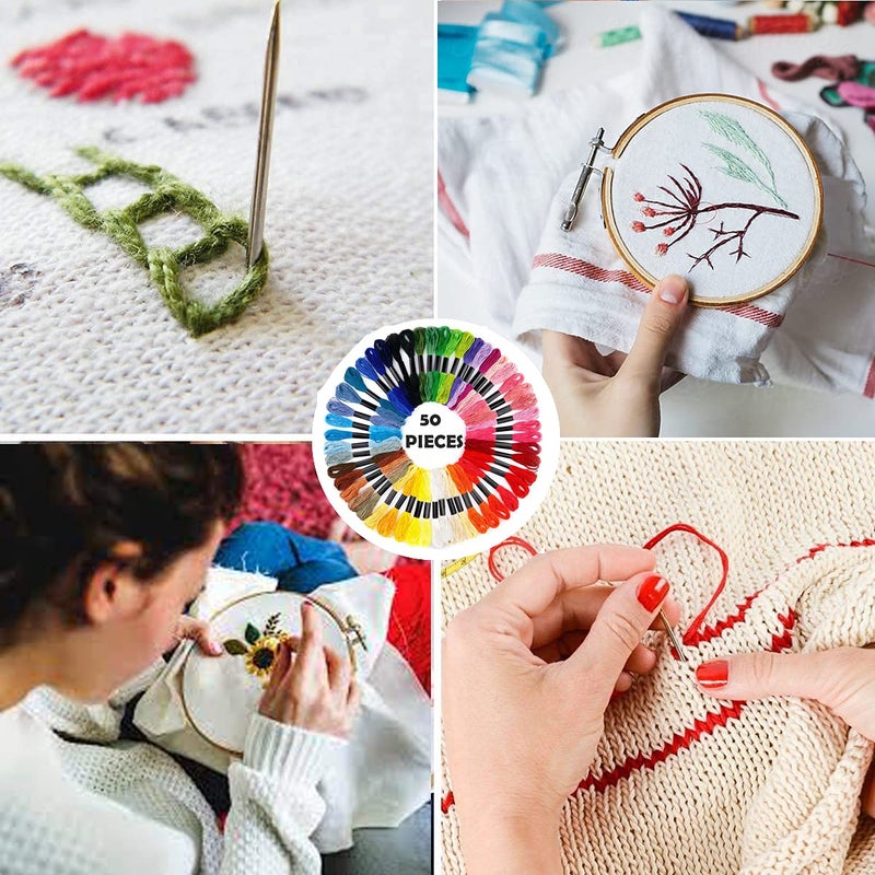 Qroof Embroidery Materials Starter Kit,50 Colour Threads,3 Pcs Bamboo Hoops,2 Pcs Aida Cloth And Cross Stitch Hand Embroidery Beginner Supplies Tool, Multicolour - Image 2