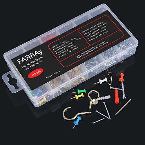FARRAY Repair and Wall Hanging Kit: Screws, Nails, Drywall Anchors, Picture Hangers, Cup Hooks, Push Pins, Thumb Tacks, 600pcs - Image 3