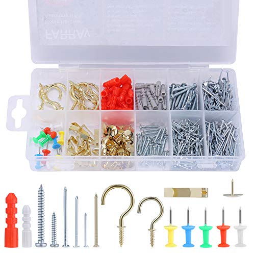 FARRAY Repair and Wall Hanging Kit: Screws, Nails, Drywall Anchors, Picture Hangers, Cup Hooks, Push Pins, Thumb Tacks, 600pcs - Image 1