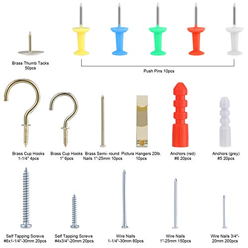 FARRAY Repair and Wall Hanging Kit: Screws, Nails, Drywall Anchors, Picture Hangers, Cup Hooks, Push Pins, Thumb Tacks, 600pcs - Image 2