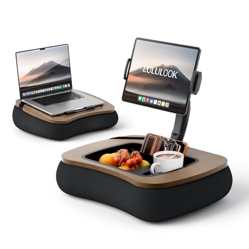 LULULOOK 2-in-1 Lap Desk & Kindle Pillow Stand, Laptop Desk Holder with Beanbag Cushion & Foldable Arm for 14" Laptop,iPad, Phone, 4.7-14.6" Tablet & Kindle Reading in Bed - Image 1