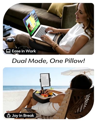 LULULOOK 2-in-1 Lap Desk & Kindle Pillow Stand, Laptop Desk Holder with Beanbag Cushion & Foldable Arm for 14" Laptop,iPad, Phone, 4.7-14.6" Tablet & Kindle Reading in Bed - Image 2