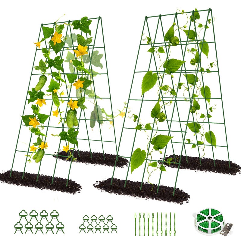 DoCred Cucumber Trellis, 2 Pack Foldable A Frame Trellis for Raised Bed Climbing Plants, Vegetables, Includes Plant Support Clips, Twist Ties, Plastic Ties- Made from PVC-Coated Steel - Image 1