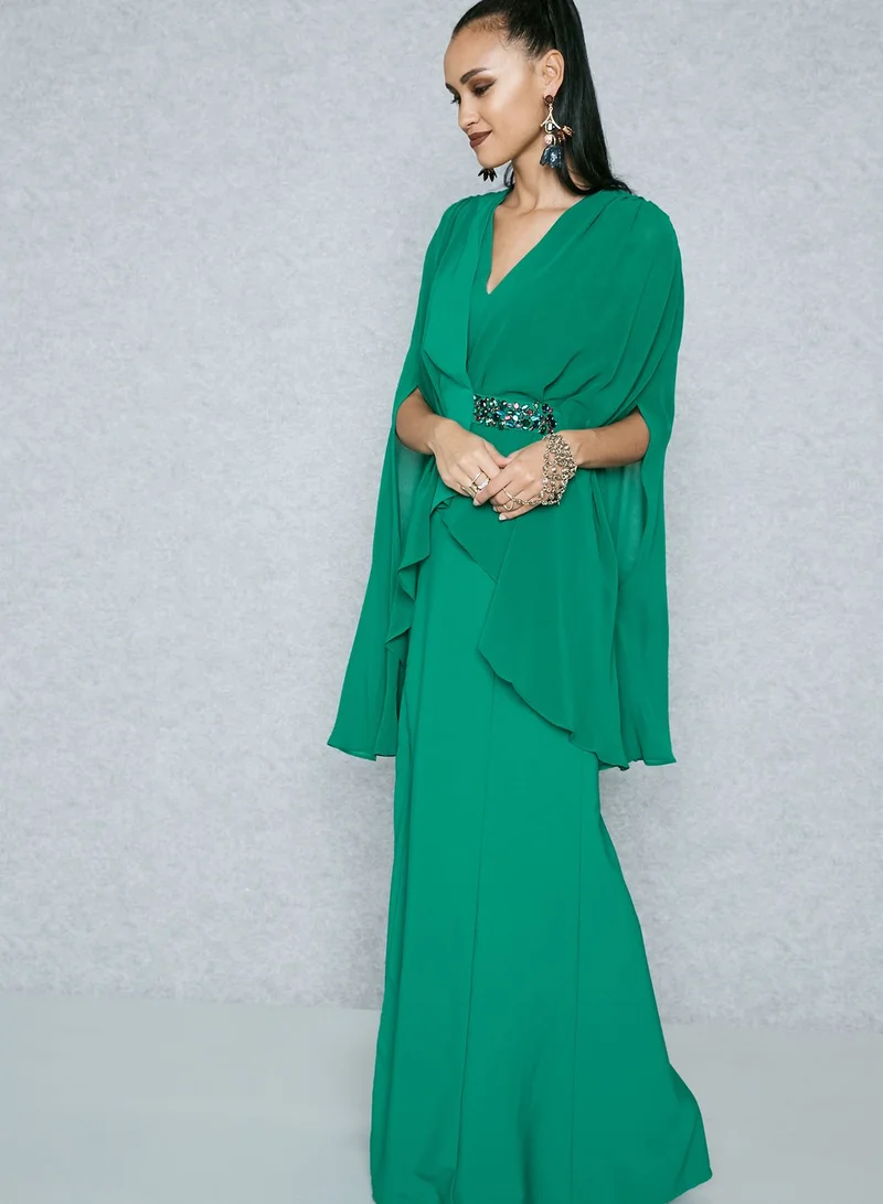 Femi9 Cape Embellished Buckle Slit Dress