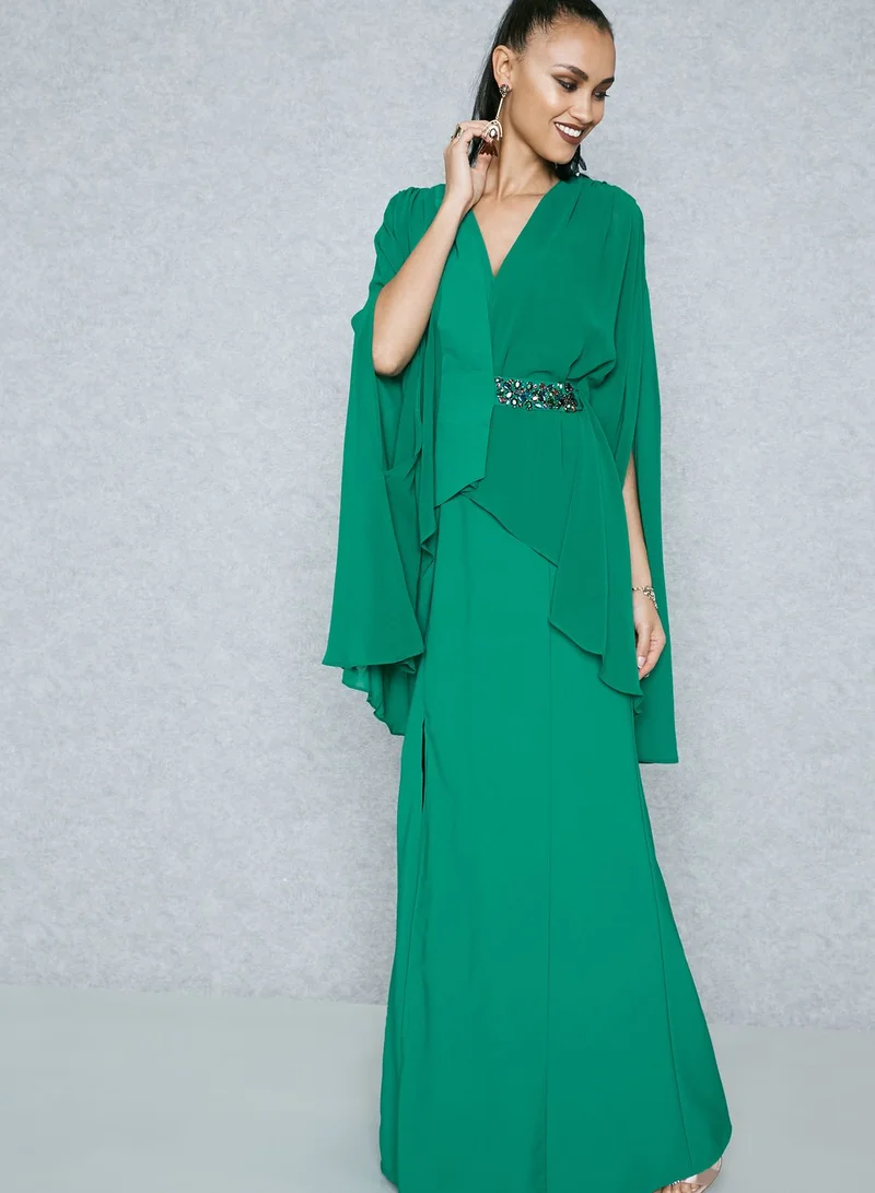 Femi9 Cape Embellished Buckle Slit Dress