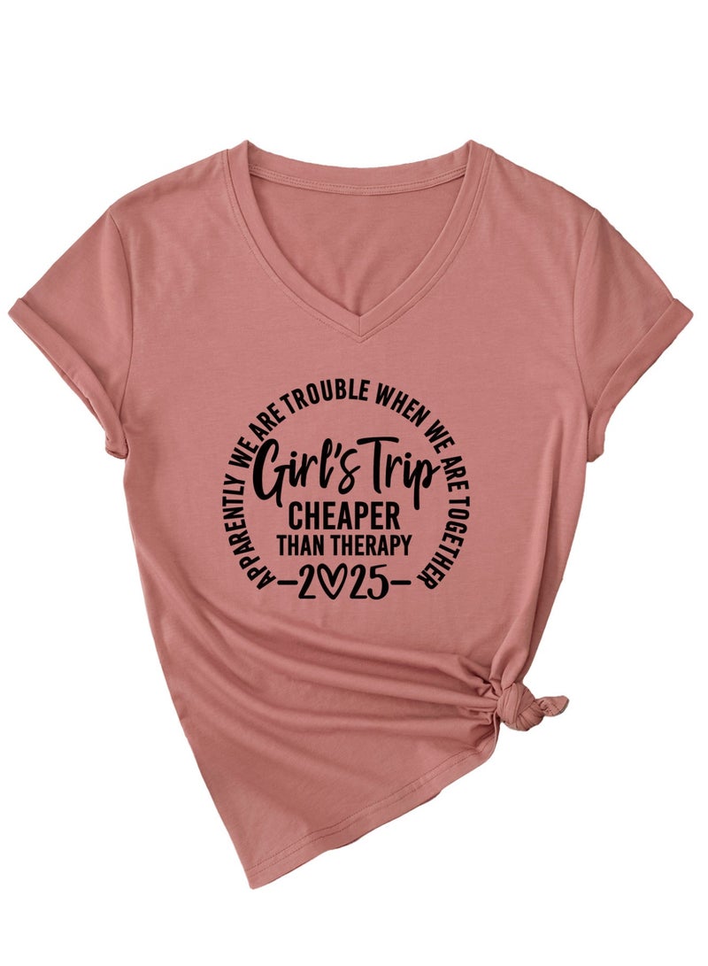 Women Funny Short Sleeve V Neck T Shirt Summer Vacation Tees - Image 1